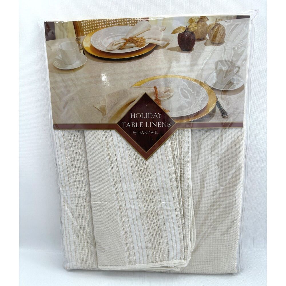Bardwil 70 Inch Round Tablecloth White Gold Stripe Linens Brilliant Holiday NEW